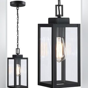 13” Outdoor Pendant Light Black Porch Hanging Lantern Glass E26 Exterior